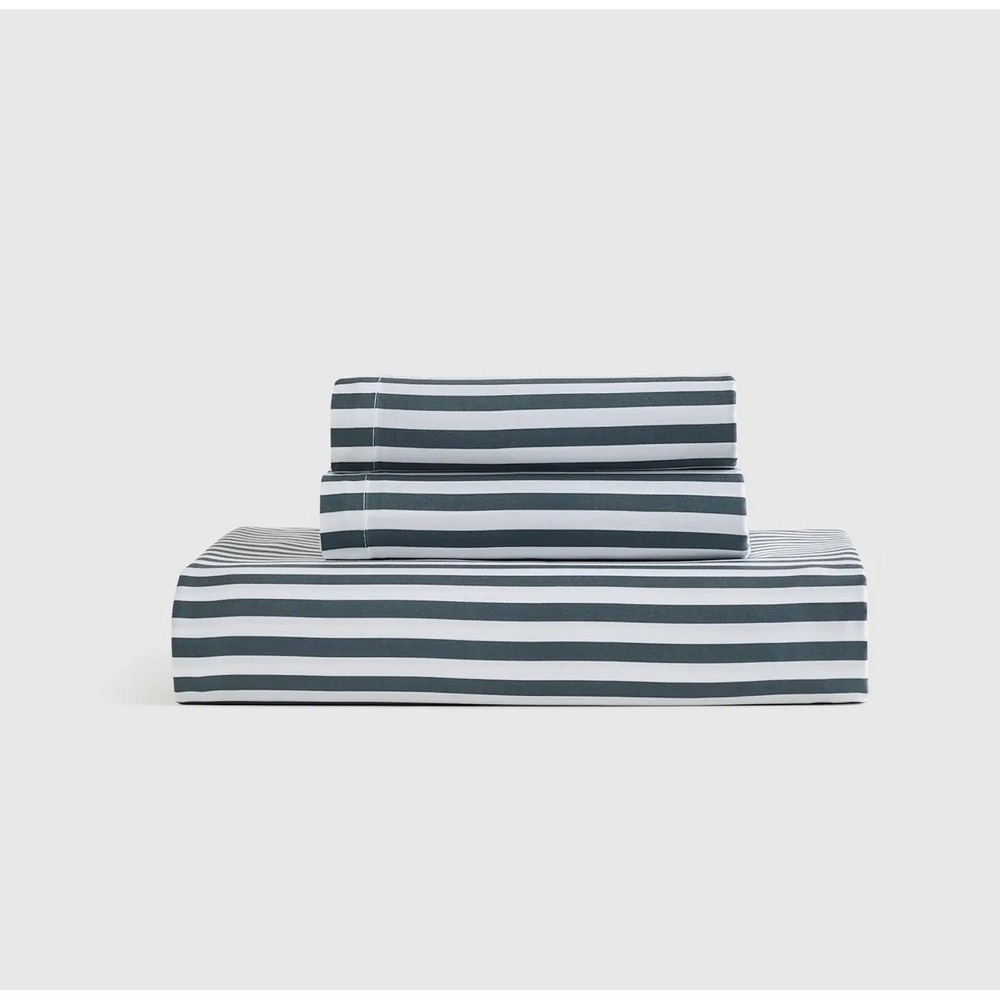 Quince Organic Bamboo Queen Fitted Sheet Set Taylor's Stripe Navy NWT